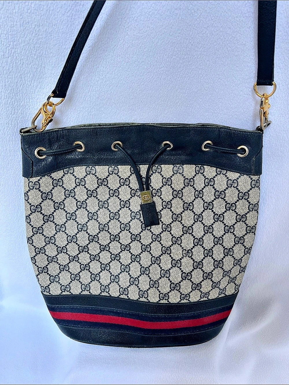 Gucci Vintage Sherry Line GG Monogram Drawstring Bucket Bag